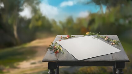 Top view of white empty sheet of paper with colored flowers on wooden table