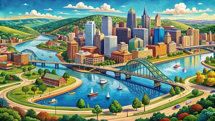 Wall Mural - Detailed illustration of Pittsburgh city map showcasing iconic bridges, scenic riverbanks, and urban landscape with vibrant colors and precise geographic features.