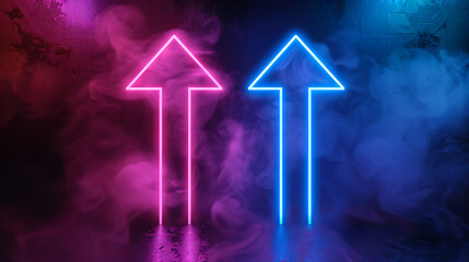 two neon arrows, one pink and one blue, pointing upwards against a dark, smoky background. The vibrant colors and upward direction create a dynamic and visually striking effect