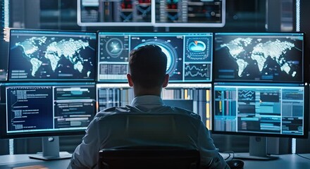Man Working on Multiple Screens in Dark Room with World Map on Screen