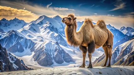 winter,bactrian camel, ice, adventure, animal, snowy mountain range, Bactrian camel standing gracefully against a breathtaking snowy mountain range viewed from an aerial perspective