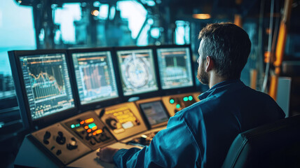 Poster - Oil platform control room with monitors displaying data and graphs