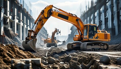 Powerful construction machinery in action, excavating and laying foundations with skilled industrial manpower in the forefront of modern construction innovation