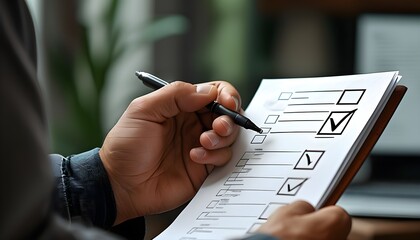 Man reviewing quality control checklist with pen in hand, ensuring accuracy in document management and compliance