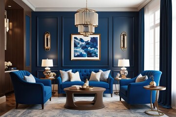 Wall Mural - Elegant Blue Loveseat with Accessories in Chic Lounge Interior 3D Design