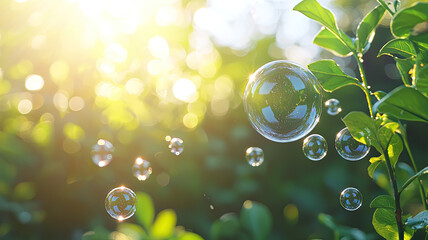 Wall Mural - Floating soap bubbles above green garden create magical atmosphere