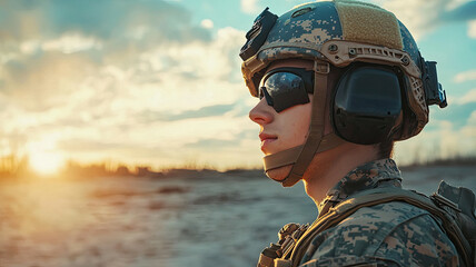 Modern soldier wearing combat helmet in desert environment, showcasing determination