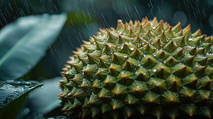 Tropical durian fruit with droplets of water, glistening in rain