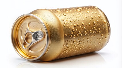 Golden aluminum can with rounded top and prominent ridged edges, partially opened with a slight fizz and condensation droplets, isolated on a white background.