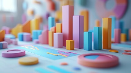 Colorful 3D bar graph on a white table with a blurred background.