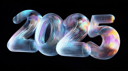 Wall Mural - 3D holographic 2025 text with bright, colorful reflections on a black background