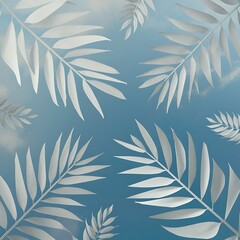  Top view of blue minimalistic paper cut palm leaves on blue background with copy space, panoramic shot