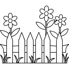 Wall Mural - fence and flowers outline coloring book page line art drawing