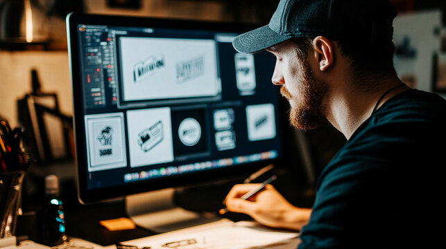 Digital designer working on logo concepts in a cozy studio at night