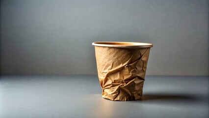 A crumpled brown disposable cup with the logo obscured placed on a plain gray surface at eye level, brown, logo obscured,disposable cup, eye level