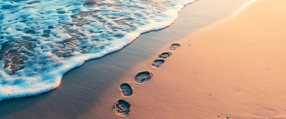 Wall Mural - Footsteps on the sandy beach with a receding wave.