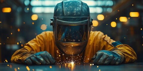 A masked professional is absorbed in welding tasks, with visible sparks and a glowing torch illuminating their work