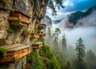 misty dawn breaks over rustic wooden coffins hanging from limestone cliffs in sagada's sumaguing cav