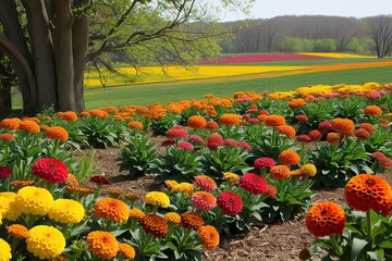 Wall Mural - Vibrant Spring Countryside Landscape with Zinnia Flowers in Bloom