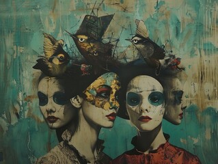  Surreal Portrait with Birds and Masks - Abstract Digital Art