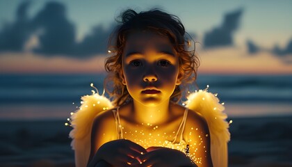 Wall Mural - Ethereal young angel girl portrait illuminated by golden glow, seated on sandy beach under the night sky