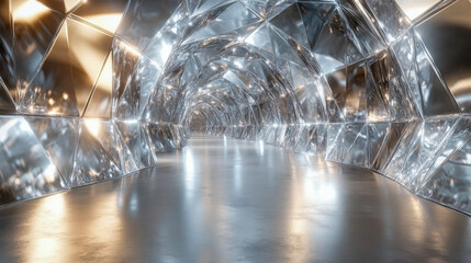 Poster - A futuristic metallic tunnel with shiny silver surfaces and reflections leading into darkness