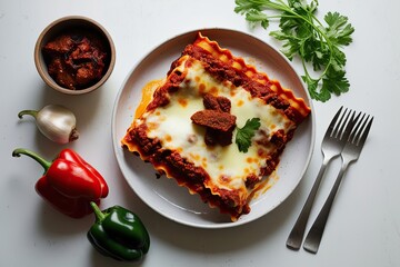 Wall Mural - Spicy Chorizo Lasagna with Gooey Cheese and Smoky Pepper Filling on White Background