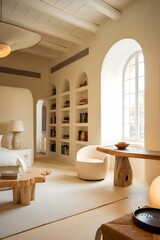 Wall Mural - A warm white bedroom with brilliant furnishings. The room has a high ceiling, a natural wooden table near the window, and a contemporary-style chair.