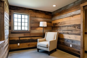 Wall Mural - Rustic Barn Style Waiting Area with Beige Armchair and Weathered Wood Wall Design