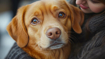 A joyful dog with a wide smile being hugged by its happy owner, capturing a warm and loving moment between pet and human