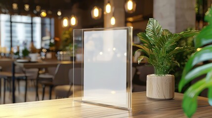 mock-up acrylic frame posters on a pattern template forms background, set on a table in a coffee sho