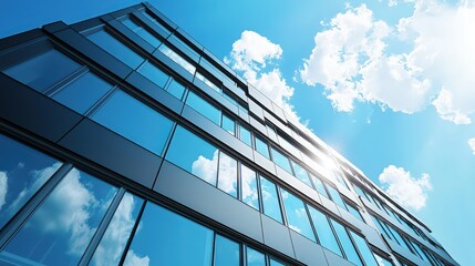 Modern office building facade with graphite cladding and large windows against a blue sky.