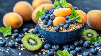 Wall Mural - This bowl features granola generously topped with blueberries, slices of kiwi, and oranges, perfectly arranged against a rich wooden background for a refreshing breakfast option