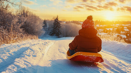 Child sledding down a snowy hill at sunset in a winter landscape