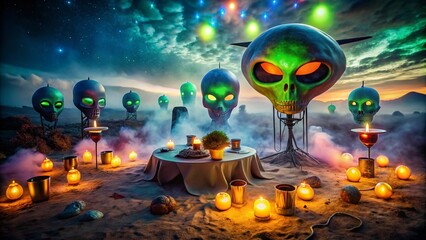 Spooky extraterrestrial-themed Halloween party decorations feature glowing alien eyes, UFOs, and futuristic sci-fi elements against a dark desert night sky with eerie fog effects.