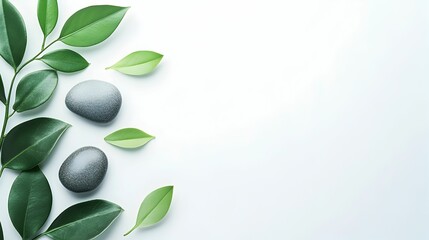 A leafy green background with two rocks and a leaf