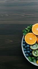 Wall Mural - This bowl features granola generously topped with blueberries, slices of kiwi, and oranges, perfectly arranged against a rich wooden background for a refreshing breakfast option