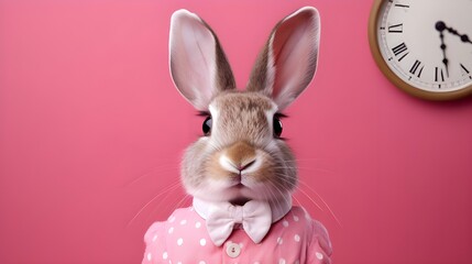 Wall Mural - white rabbit on pink background.