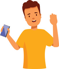 Poster - Smiling man holding smartphone and waving with other hand