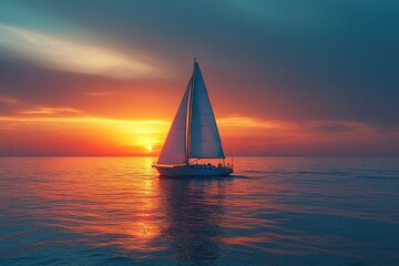 A lone sailboat on a vast ocean at sunset