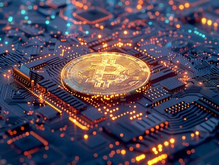 Detailed image of a golden Bitcoin coin resting on a sophisticated computer circuit board, highlighted by a soft blue glow and dark blue background.