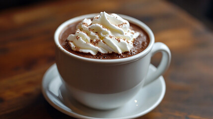 Delicious hot chocolate topped with whipped cream served in a cozy café during winter season