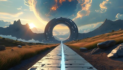 Wall Mural - Journey through the Sacred Pathway to a Celestial Kingdom: A Sci-Fi Adventure into the Unknown with High-Tech Wonders