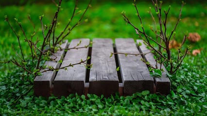 Green leaves on twigs, sward and wooden planks with green blurry background