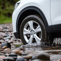 A white vehicle navigates an off-road trail, splashing through water and rocks. Close-up highlights include fog lights and a dark wheel hub, emphasizing its rugged features