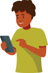 Poster - young adult man is using a smartphone, smiling and pointing at the screen with his finger