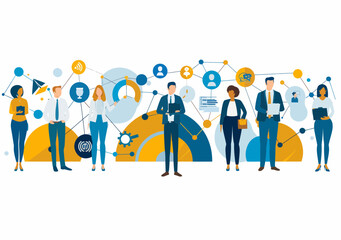 Poster - Business Team with Graphs and Icons Illustrating Teamwork, Strategy, and Networking, Minimalistic Vector Illustration for Office, Corporate Collaboration, and Data Analysis Concept