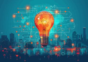 Poster - Innovative Business Concept with Lightbulb and Tech Background Over City at Night Depicting Modern Technology and Creative Ideas
