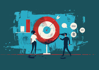 Wall Mural - Business Target Brainstorming Meeting with Data Analysis and Strategic Planning Minimalistic Vector Illustration