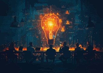Poster - Team Collaboration for Business Development, Office Workers Around Table with Glowing Light Bulb and Digital Interfaces, Nighttime Creative Brainstorming, Technology and Innovation Concept